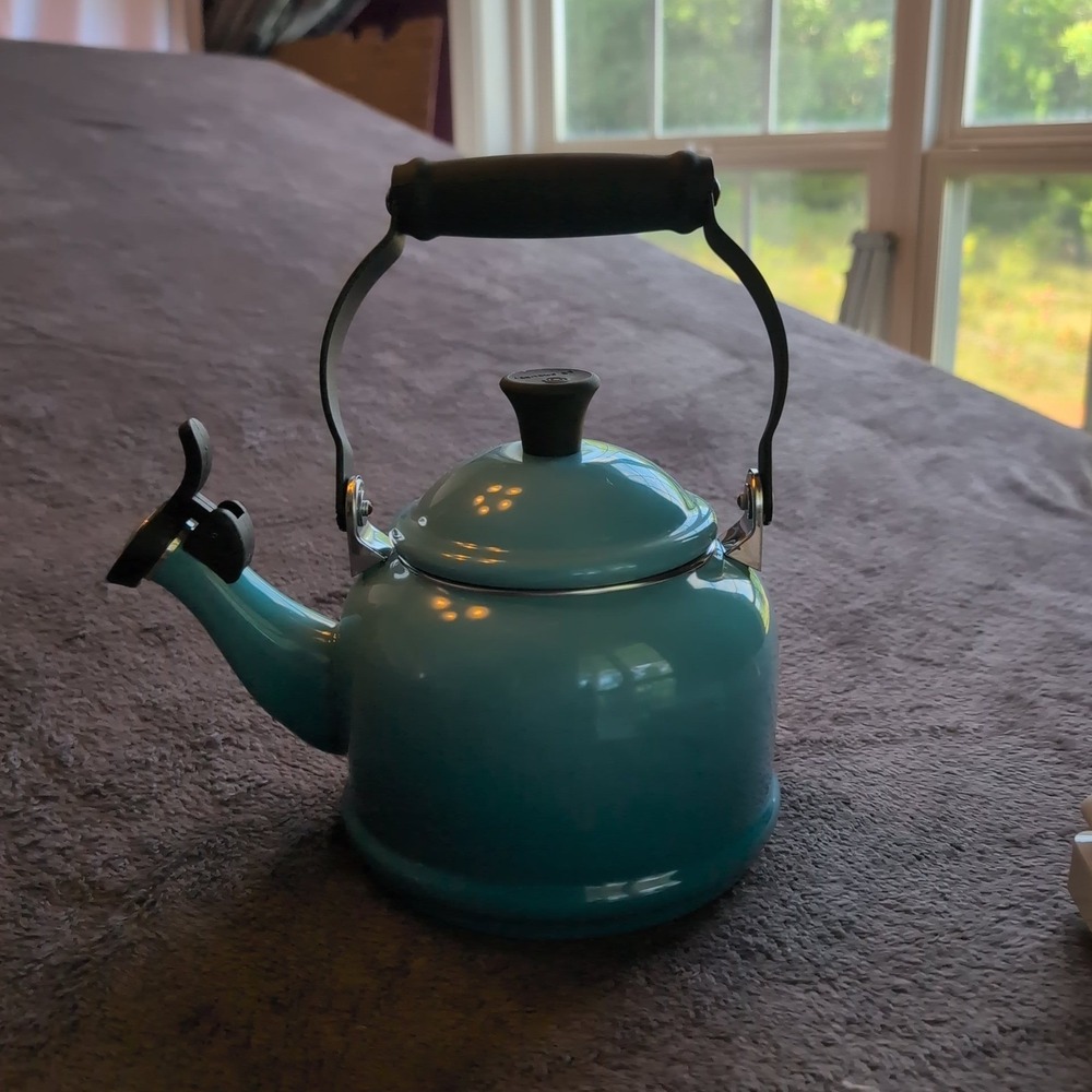 Le Creuset Caribbean Blue Demi Tea Kettle 1.25 Qt Enamel Stovetop Whistling